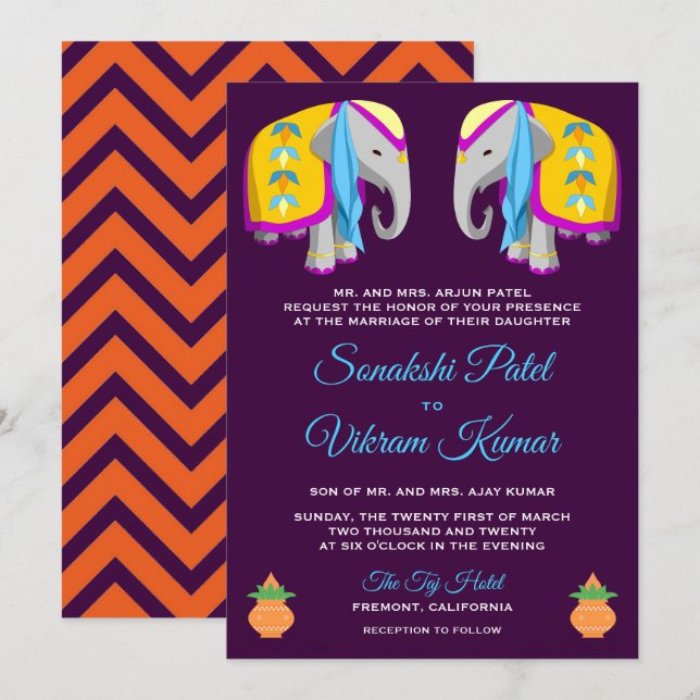 Ethnic Folk Art Elephant Indian Wedding Invitation (Front/Back)