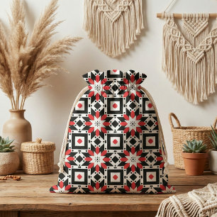 Ethnic Folk Boho Red Black White Geometric Pattern Fabric