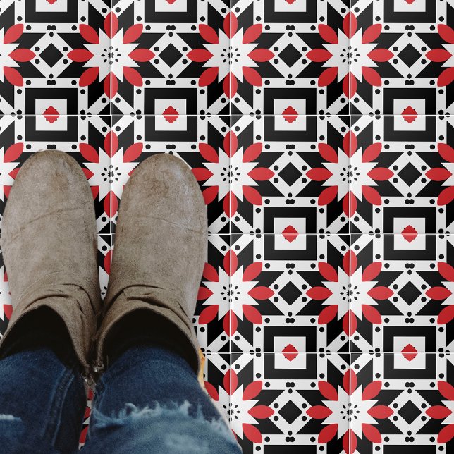Ethnic Folk Boho Red Black White Geometric Pattern Tile (Creator Uploaded)