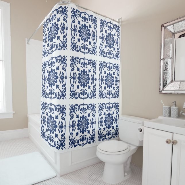 Ethnic folk ceramic tile in talavera style shower curtain (In Situ)