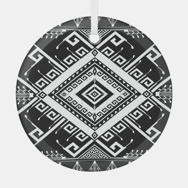 Ethnic geometric Indian border, abstract. Glass Tree Decoration (Front)