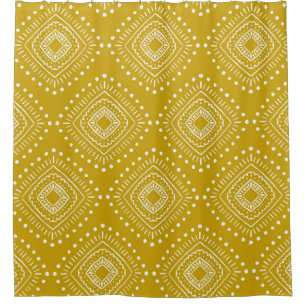 Ethnic geometric pattern: golden yellow, white shower curtain