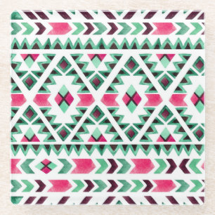 Ethnic geometric, watercolor hand-painted glass coaster
