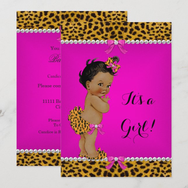 Ethnic Girl Baby Shower Leopard Hot Pink Invitation (Front/Back)