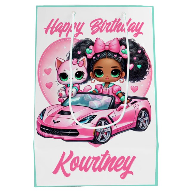 Ethnic Girl & Cat Pink Convertible Heart Medium Gift Bag (Back)