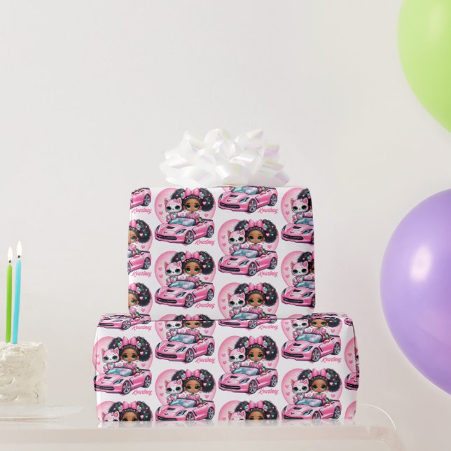 Ethnic Girl & Cat Pink Convertible Heart Wrapping Paper (Party Gifts)