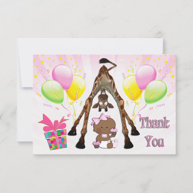 Ethnic Girl Giraffe Cupcake Baby Shower Thank You (Front)