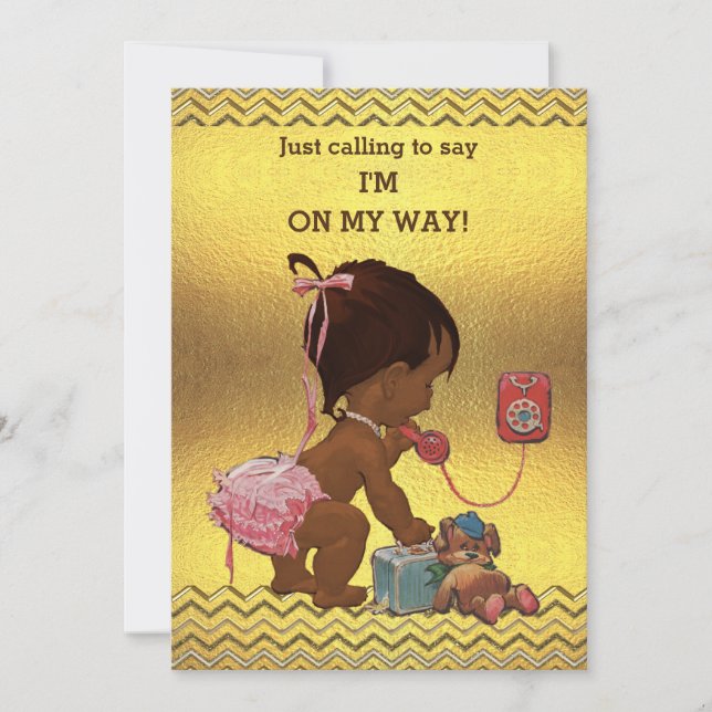 Ethnic Girl on Phone Baby Shower Gold Chevrons Invitation (Front)