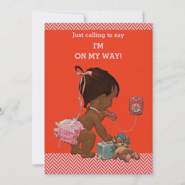 Ethnic Girl on Phone Baby Shower Red Pink Chevrons Invitation (Front)