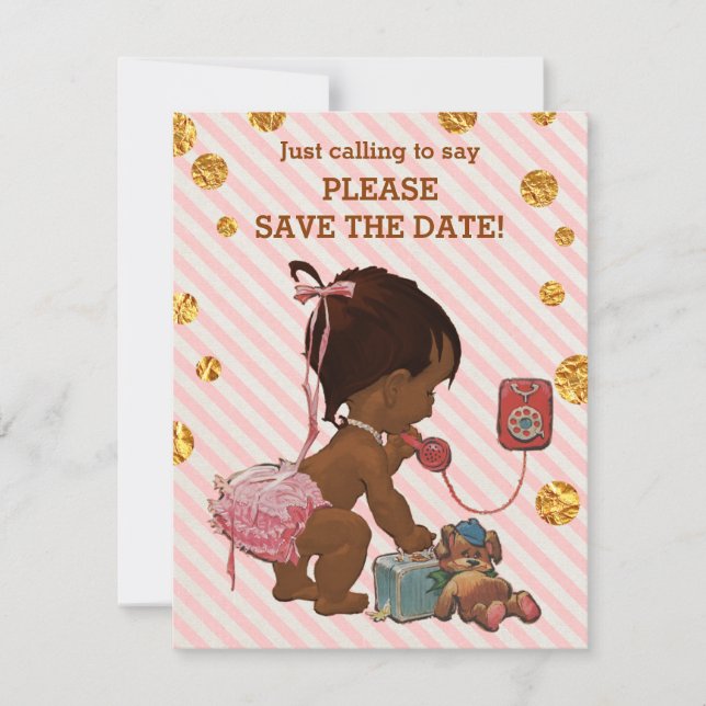 Ethnic Girl On Phone Stripes Dots Save The Date (Front)