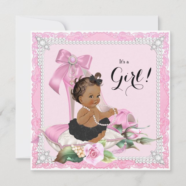 Ethnic Girl Pearl High Heel Shoe Baby Shower Invitation (Front)
