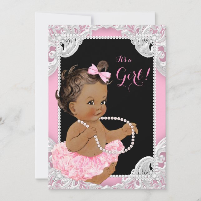 Ethnic Girl Pink Black Pearl Baby Girl Shower Invitation (Front)