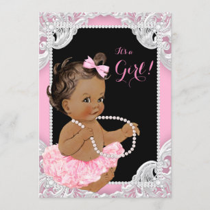 Ethnic Girl Pink Black Pearl Baby Girl Shower Invitation