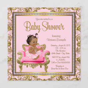 Ethnic Girl Pink Gold Chair Tutu Baby Shower Invitation