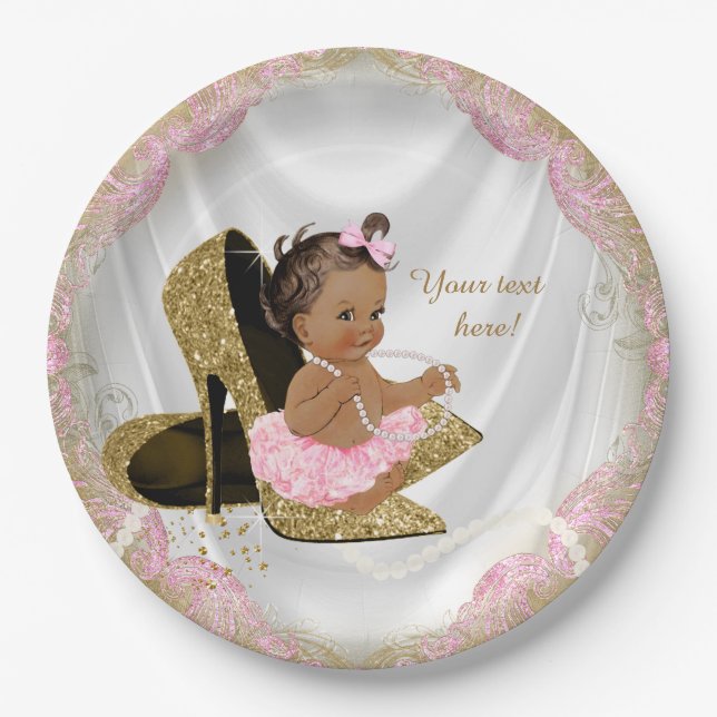 Ethnic Girl Pink Gold High Heel Baby Shower Paper Plate (Front)