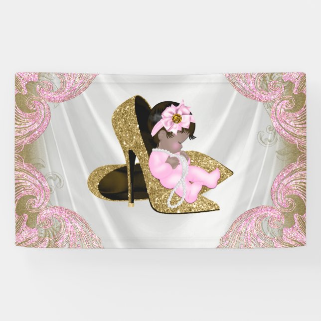 Ethnic Girl Pink Gold High Heel Shoe Baby Shower Banner (Horizontal)