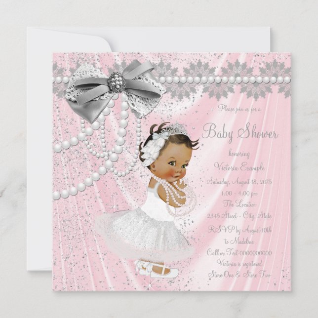 Ethnic Girl Pink Grey Satin Pearl Baby Shower Invitation (Front)