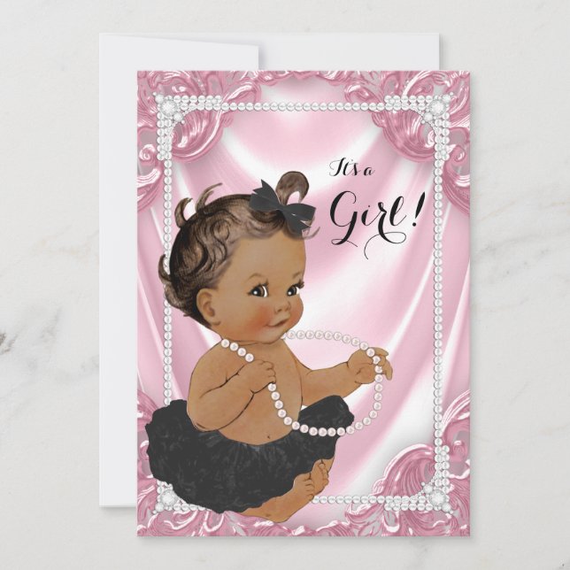 Ethnic Girl Pink Pearl Black Tutu Baby Shower Invitation (Front)