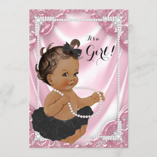Ethnic Girl Pink Pearl Black Tutu Baby Shower Invitation