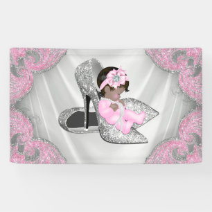 Ethnic Girl Pink Silver High Heel Shoe Baby Shower Banner