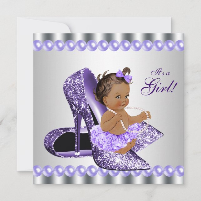 Ethnic Girl Purple Grey High Heel Shoe Baby Shower Invitation (Front)