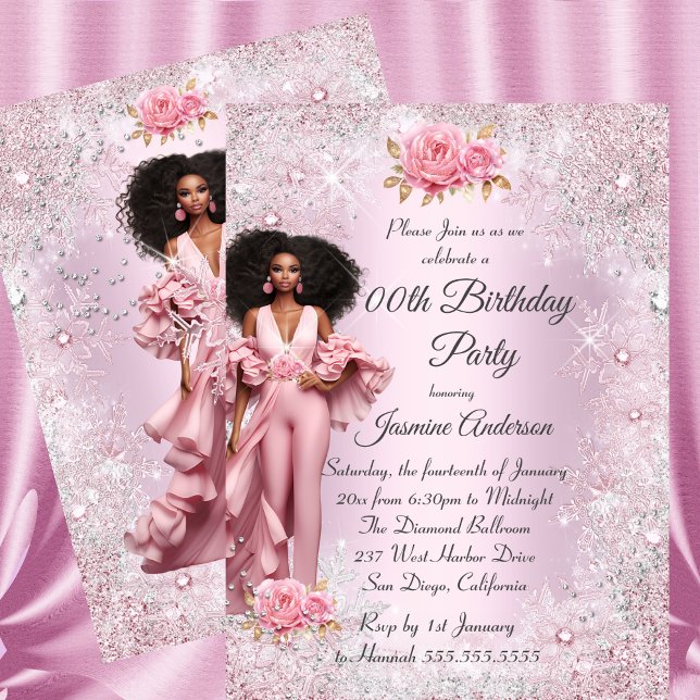 Ethnic Glam Birthday Pink Silver Winter Wonderland Invitation (Creator Uploaded)