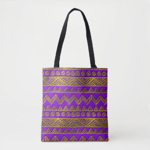 Ethnic Golden Pattern Swirl on Purple Leather Tote Bag