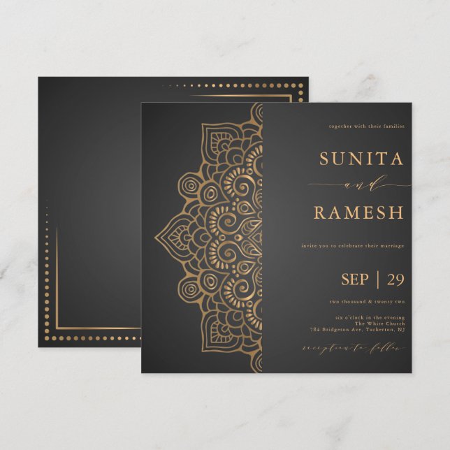 Ethnic Grey & Gold Mandala Elegant Indian Wedding Invitation (Front/Back)