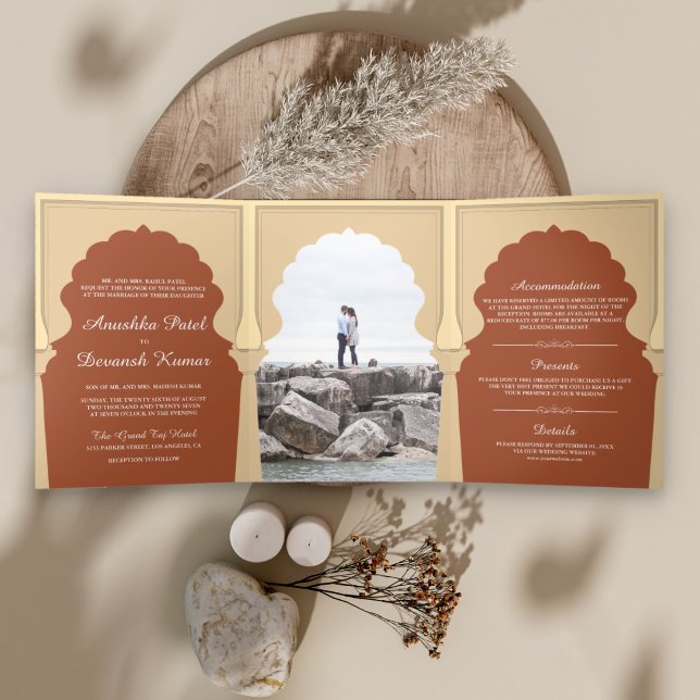 Ethnic Indian Ivory Arch Orange Terracotta Wedding Tri-Fold Invitation (Creator Uploaded)