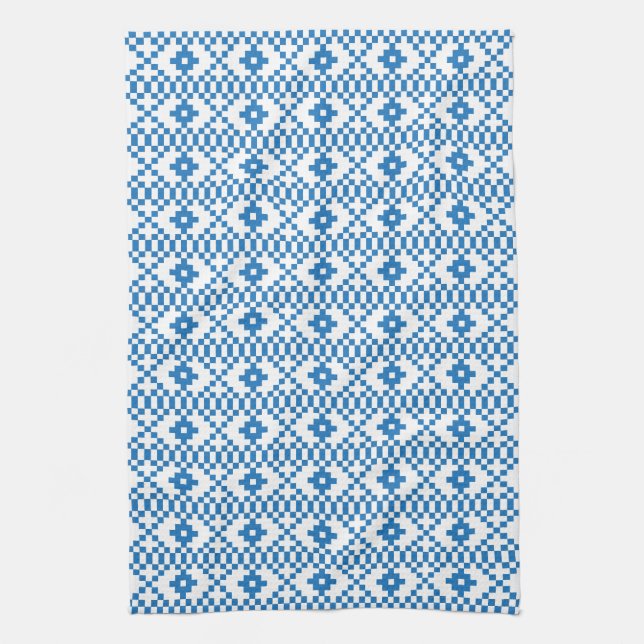 Ethnic Latvian blue and white tribal folk art Tea Towel (Vertical)