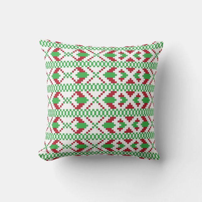 Ethnic Latvian green and red tribal folk art Cushion (Front)