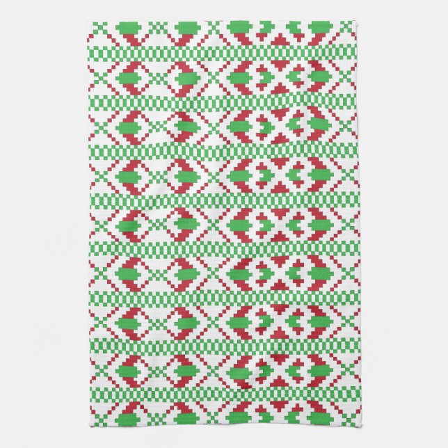 Ethnic Latvian green and red tribal folk art Tea Towel (Vertical)