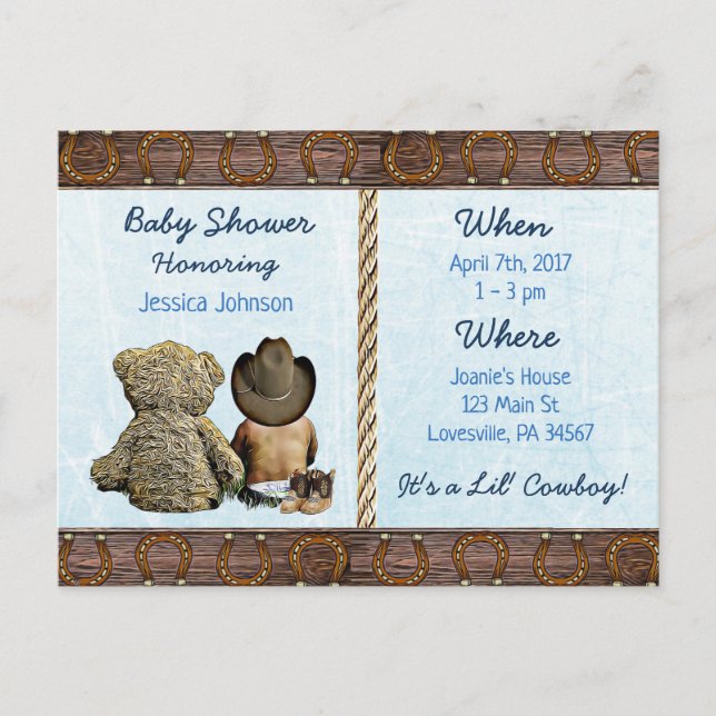 Ethnic Lil Cowboy Baby Boy and Teddy Bear Baby Inv Invitation Postcard (Front)