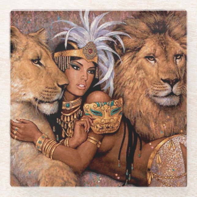 Ethnic Lion Goddess Egyptian Beverage Coaster (Front)