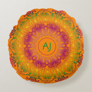 Ethnic Mandala Monogram.Orange background. Round P Cushion