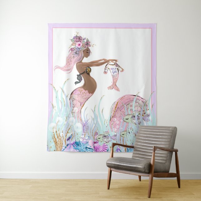 Ethnic Mermaid Baby Shower Backdrop Banners Tapestry (In Situ)
