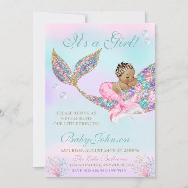 Ethnic Mermaid Baby SHower Glitter Tail Invitation (Front)