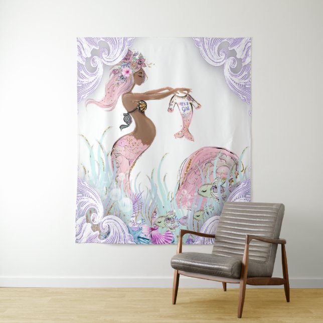 Ethnic Mermaid Mum Baby Shower Banner Backdrop Tapestry (In Situ)