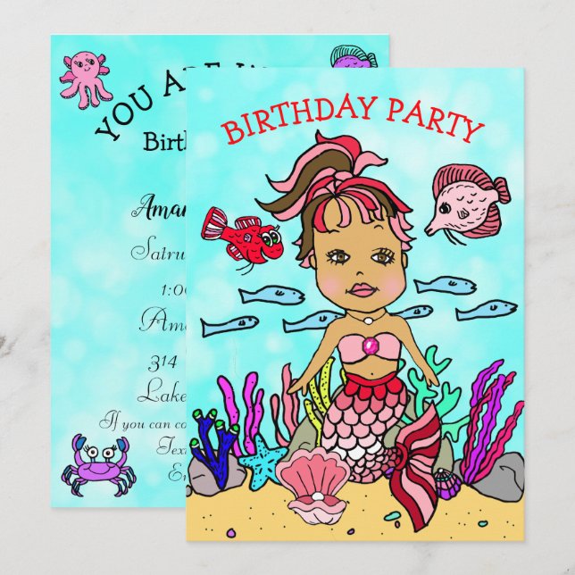 Ethnic Mermaid Under the Sea Birthday Party Invitation (Front/Back)