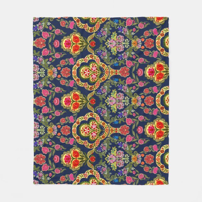 Ethnic Mughal Floral: Blue Seamless Pattern Fleece Blanket (Front)