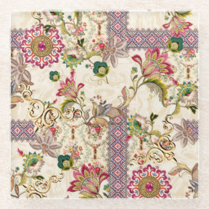 Ethnic Mughal Floral Paisley Glass Coaster