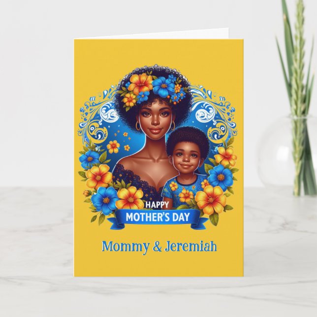 Ethnic Mum & Son Blue/Yellow Happy Mother's Day Card (Front)