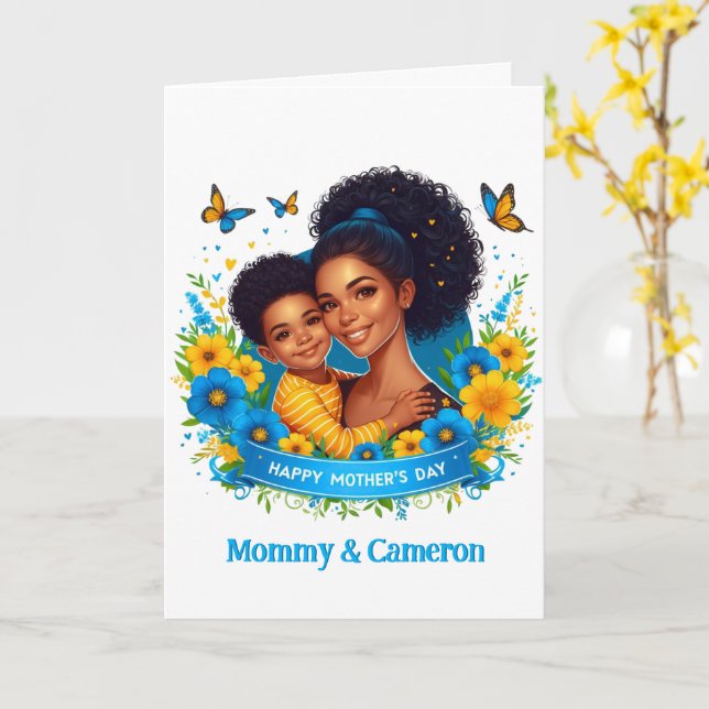 Ethnic Mum & Son Blue/Yellow Happy Mother's Day Card (Yellow Flower)