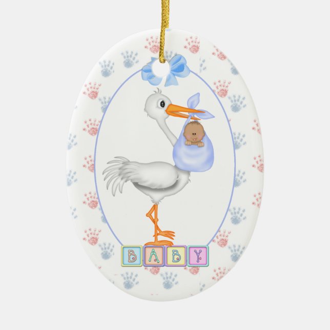 Ethnic New Baby Boy Stork Ornament (Front)