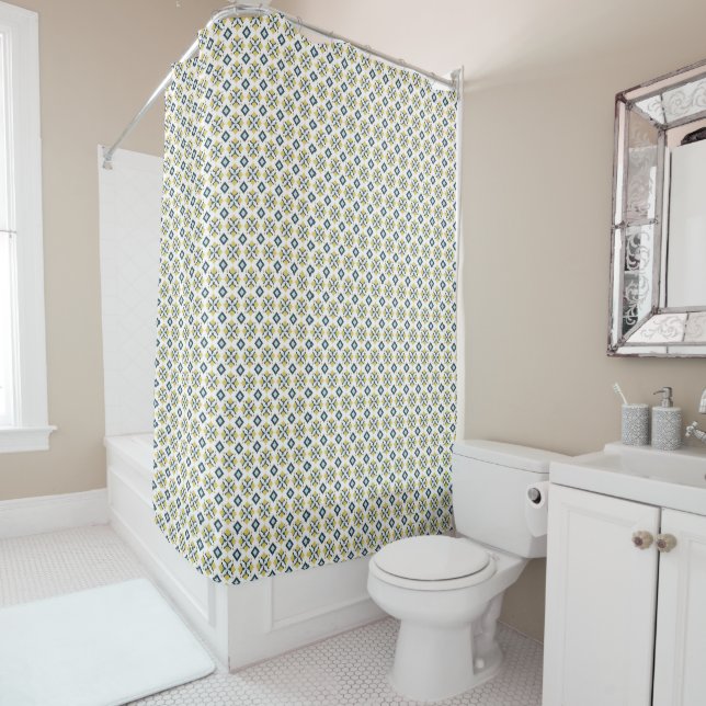 Ethnic Olive and Blue Diamond Seamless  Shower Curtain (In Situ)