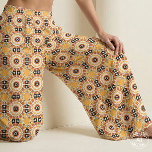 Ethnic Orange Black & White Damask Mosaic Pattern Fabric