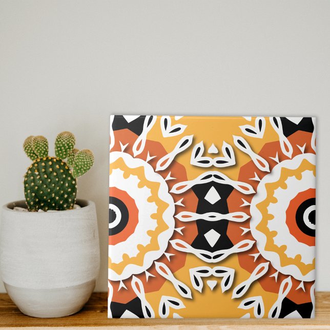 Ethnic Orange Black White Damask Mosaic Pattern Tile (Creator Uploaded)