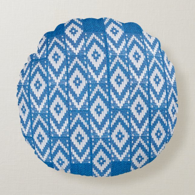 ethnic ornament on natural linen textile round cushion (Front)