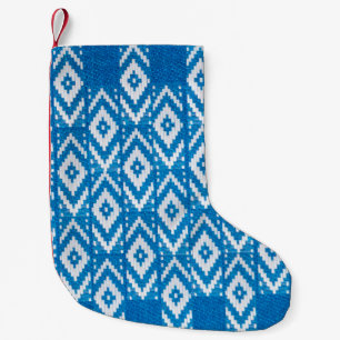 ethnic ornament on natural linen textile small christmas stocking