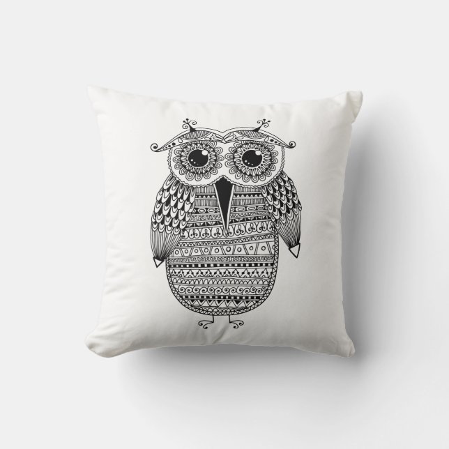Ethnic Owl Ink Drawing Cushion (Front)